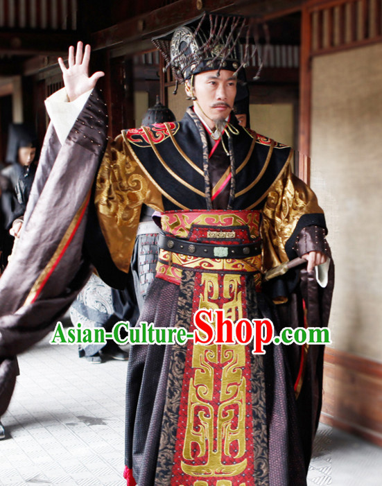 Ancient Chinese Style Emperor Long Robe Dress Authentic Clothes Culture Costume Han Dresses Traditional National Dress Clothing and Headwear Complete Set for Men