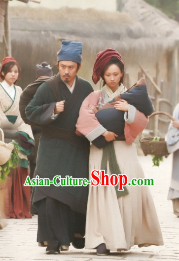Chinese Female and Male Peasant Hanfu Dress Authentic Clothes Culture Costume Han Dresses Traditional National Dress Clothing and Headdress 2 Complete Sets