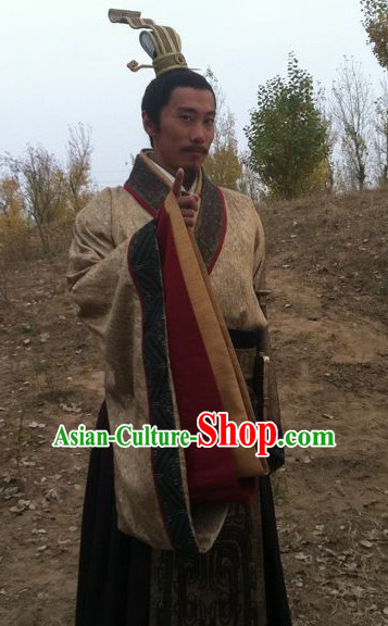 Ancient Chinese Style Minister Dress Authentic Clothes Culture Costume Han Dresses Traditional National Dress Clothing and Headwear Complete Set for Men