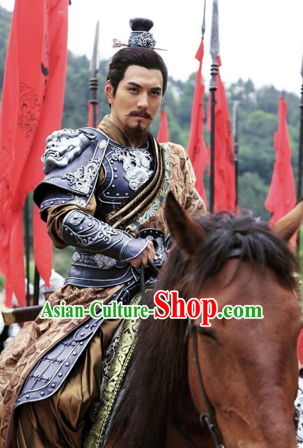 Ancient Chinese Style General Armor Costumes Dress Authentic Clothes Culture Han Dresses Traditional National Dress Clothing and Headdress Complete Set
