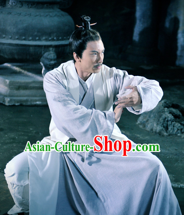 Ancient Chinese Style Kung Fu Taoist Costumes Dress Authentic Clothes Culture Traditional National Clothing and Headpieces Complete Set for Men