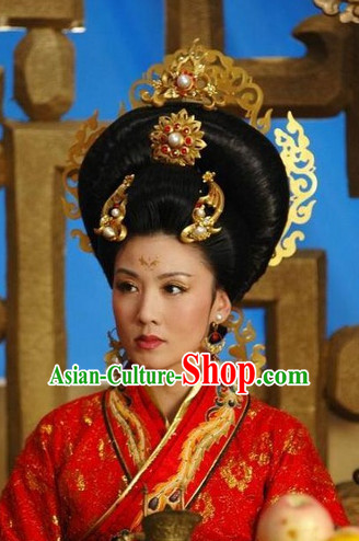 Ancient Chinese Style Palace Empress Black Long Wigs and Headwear Set