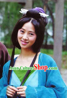 Ancient Chinese Style Lady Black Long Wigs and Headwear Set
