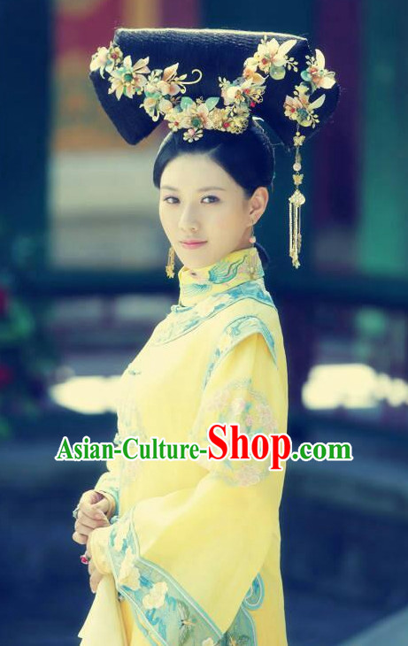 Traditional Chinese Qing Dynasty Imperial Palace Princess Black Wigs and Hair Accessories Complete Set