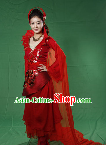 Traditional Chinese Style Red Fantasy Wedding Dress and Hair Jewelry Complete Set for Women