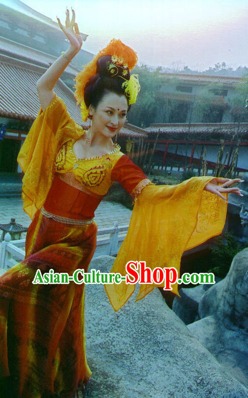 Wide Leggings Traditional Chinese Style Xi Shi Beauty Dance Costume and Hair Jewelry Complete Set for Women