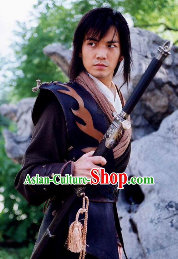 Traditional Ancient Chinese Style Knight Black Full Wig and Headband Set for Men Teenagers Boys