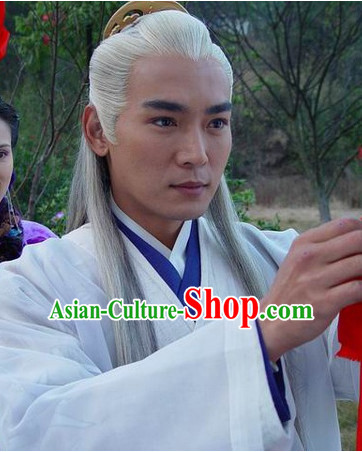 Chinese Traditional Style White Long Wigs for Men