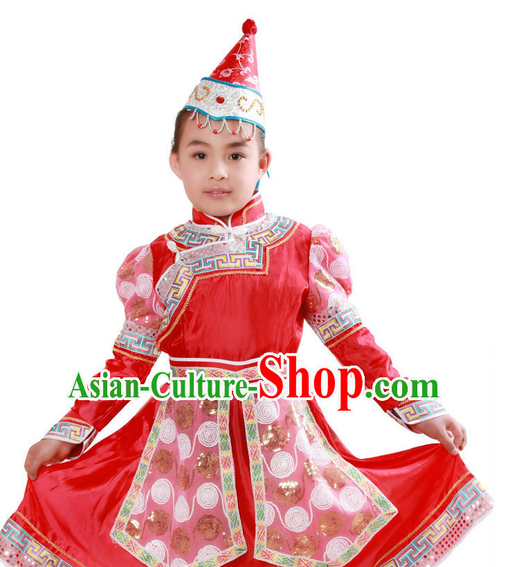 Chinese Traditional Ethnic Mongolian Suit and Hat Complete Set for Girls
