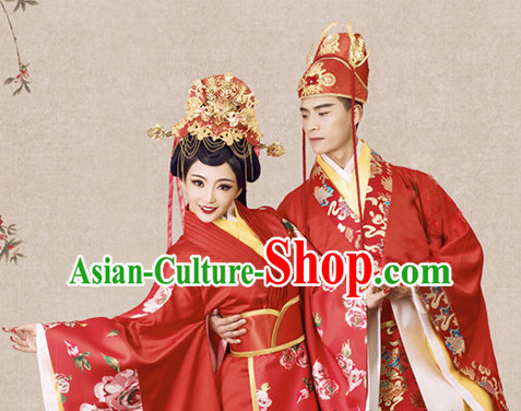 Ancient Chinese Bridal Wedding Garment and Headpieces Complete Set for Brides and Bridegrooms