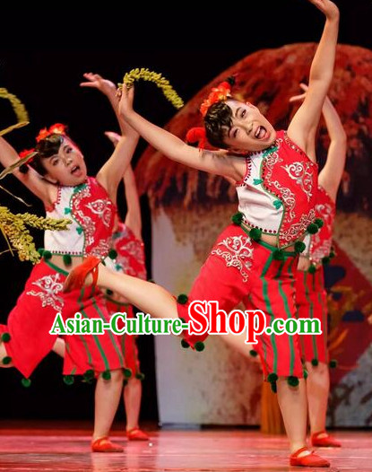 Chinese Folk Dance Costume and Headdress for Children Girls
