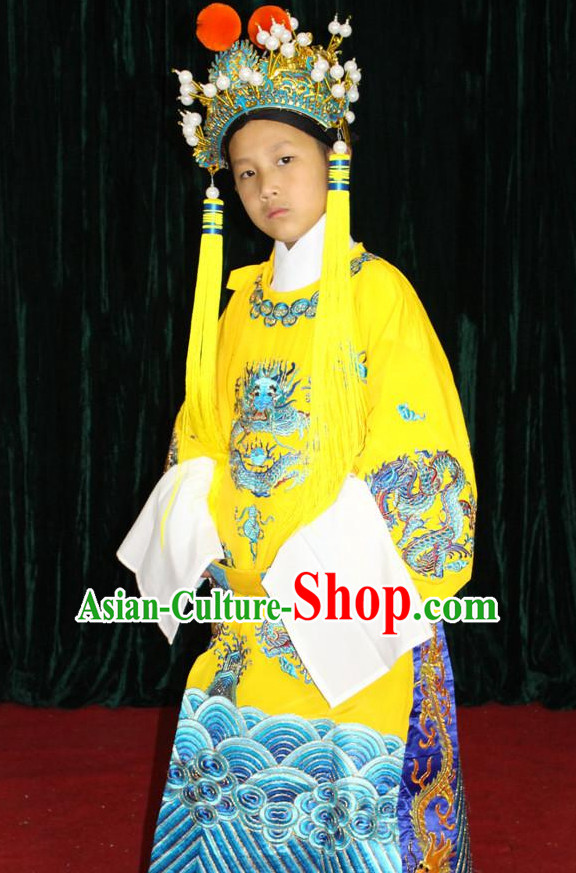 Chinese Opera Emperor Dragon Robe Costumes and Hat Complete Set for Children Boys