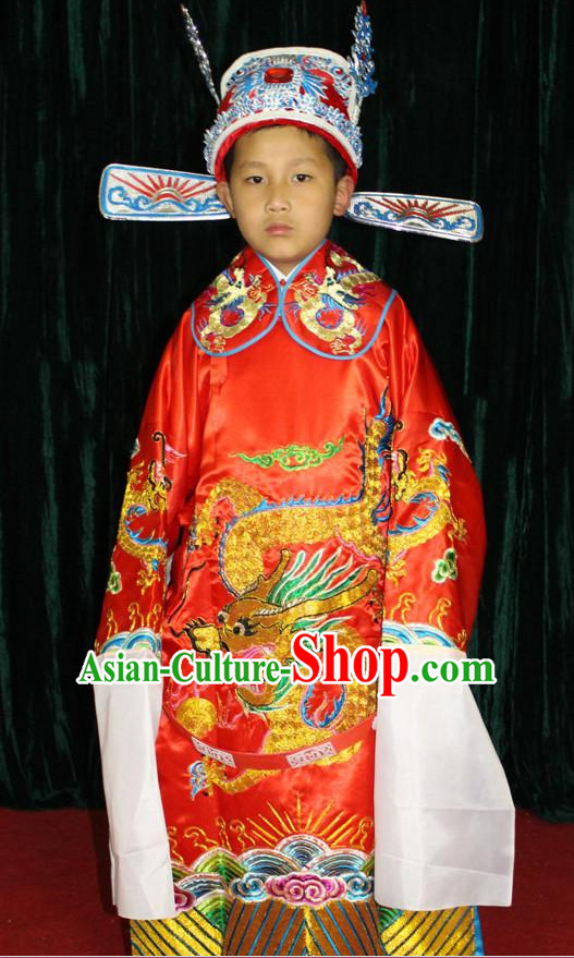 Chinese Opera Official Dragon Robe Costumes and Hat Complete Set for Children Boys