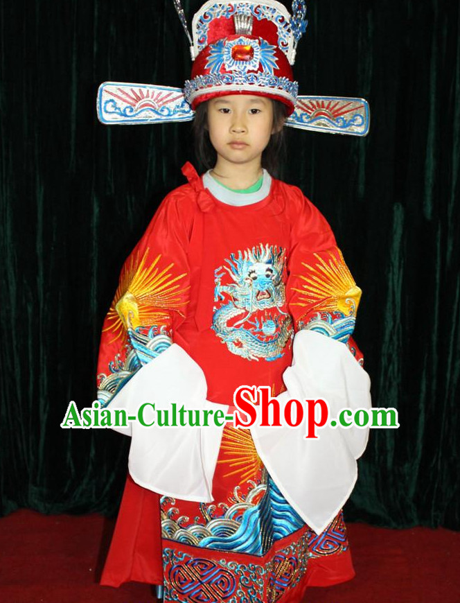 Chinese Opera Official Bridegroom Dragon Embroidery Costumes and Hat Complete Set for Children Boys