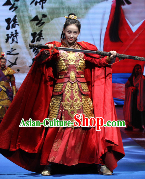 Ancient Chinese Princess Imperial Palace Fighting Armor Costumes Garments and Crown Complete Set for Women or Girls