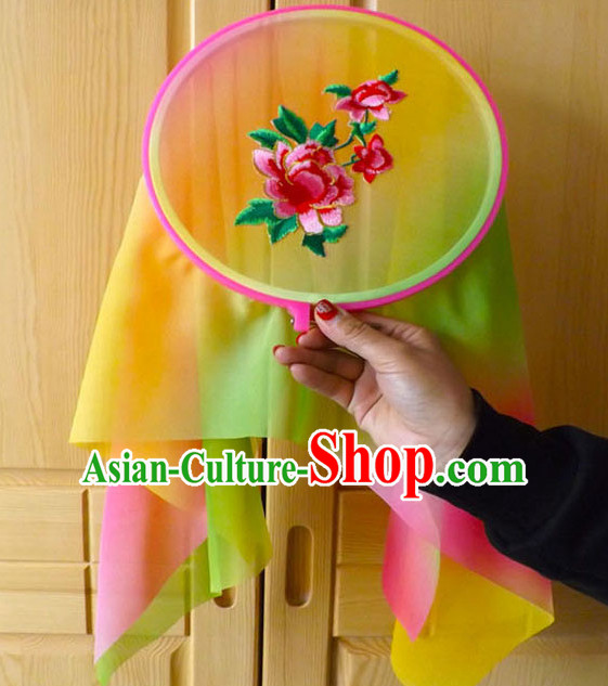 Ancient Chinese Style Embroidered Flower Long Ribbon Dance Fan Dancing Fans