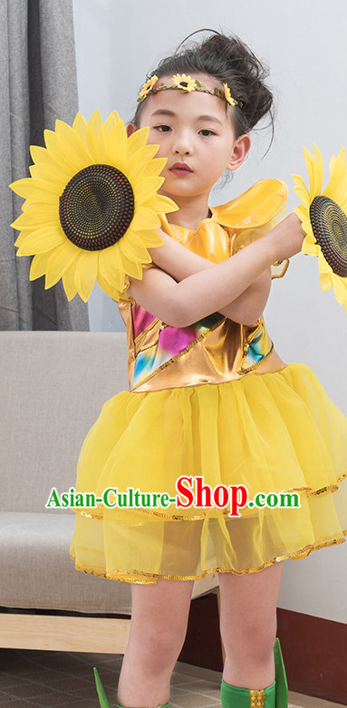 Chinese Traditional Stage Sunflower Dance Dancewear Costumes Dancer Costumes Dance Costumes Clothes and Headdress Complete Set for Children