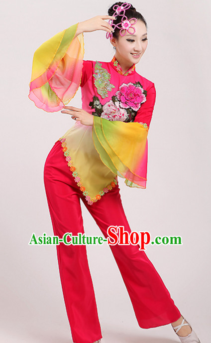 Chinese Traditional Stage Fan Dance Dancewear Costumes Dancer Costumes Dance Costumes Clothes and Headdress Complete Set for Children