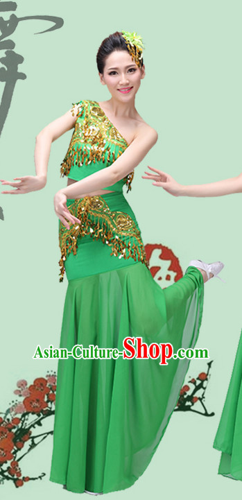 Green Chinese Traditional Stage Dai Minority Ethnic Dance Dancewear Costumes Dancer Costumes Dance Costumes Clothes and Headdress Complete Set for Women