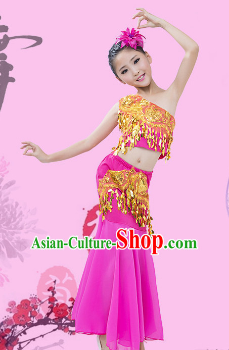 Purple Chinese Traditional Stage Dai Minority Ethnic Peacock Dance Dancewear Costumes Dancer Costumes Dance Costumes Clothes and Headdress Complete Set for Girls Kids