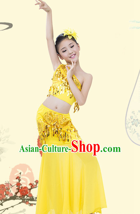 Yellow Chinese Traditional Stage Dai Minority Ethnic Peacock Dance Dancewear Costumes Dancer Costumes Dance Costumes Clothes and Headdress Complete Set for Girls Kids