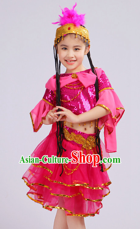 Chinese Traditional Stage Xinjiang Minority Ethnic Dance Dancewear Costumes Dancer Costumes Dance Costumes Clothes and Headdress Complete Set for Girls Kids