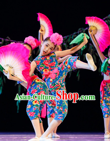 Chinese Folk Fan Dance Costumes Complete Set for Kids Girls