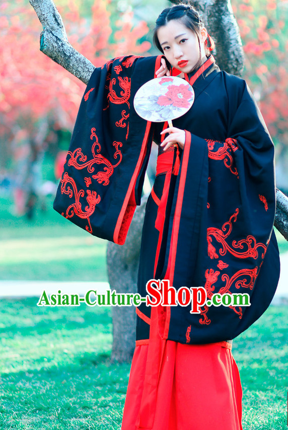Ancient Chinese Embroidered Black Red Hanfu Dress China Traditional Clothing Asian Long Dresses China Clothes Fashion Oriental Outfits for Women
