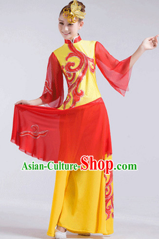 Yellow Chinese Folk Fan Dancewear and Headdress Complete Set for Women