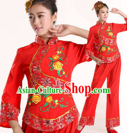 Chinese New Year Fan Dance Costumes and Headdress Complete Set for Women