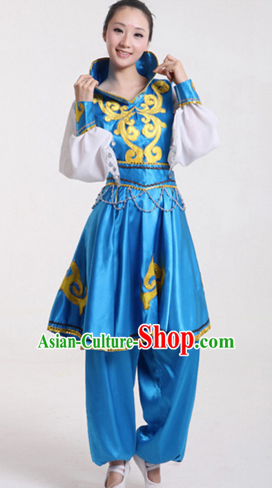 High Collar Blue Chinese Folk Fan Dancing Costumes Complete Set for Women