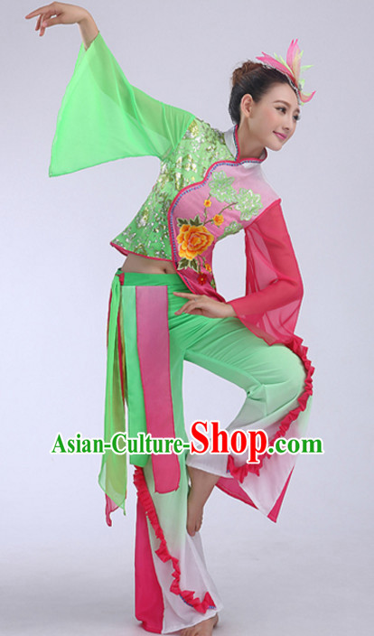 Light Green Chinese Folk Fan Dancing Costumes and Headdress Complete Set for Women