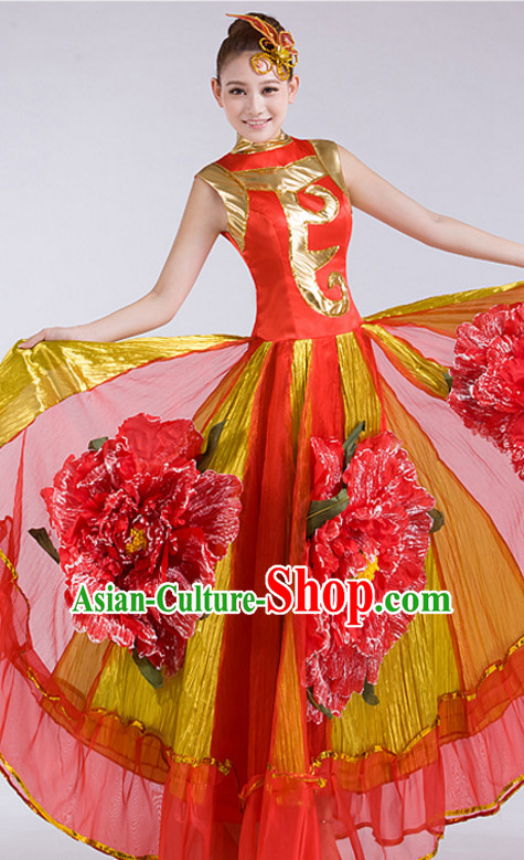 Chinese Stage Performance Flower Dance Costume and Headdress Complete Set for Women