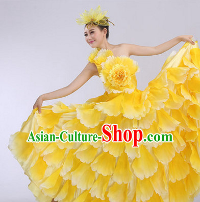 Yellow Chinese Flower Petal Dance Costumes and Headdress Complete Set for Women
