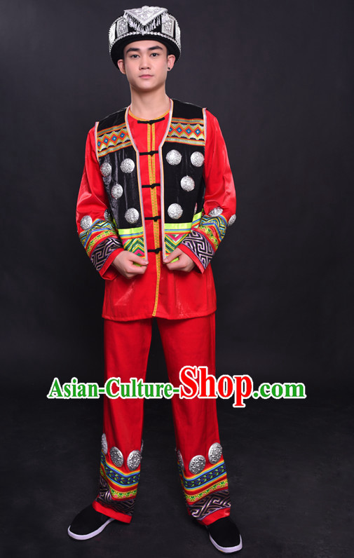 Chinese Hmong Nationality Folk Dance Ethnic Wear China Clothing Costume Ethnic Dresses Cultural Dances Costumes Complete Set for Men Boys