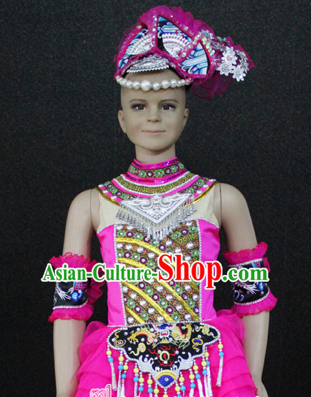 Chinese Mulao Nationality Folk Dance Ethnic Wear China Clothing Costume Ethnic Dresses Cultural Dances Costumes Complete Set for Women Girls