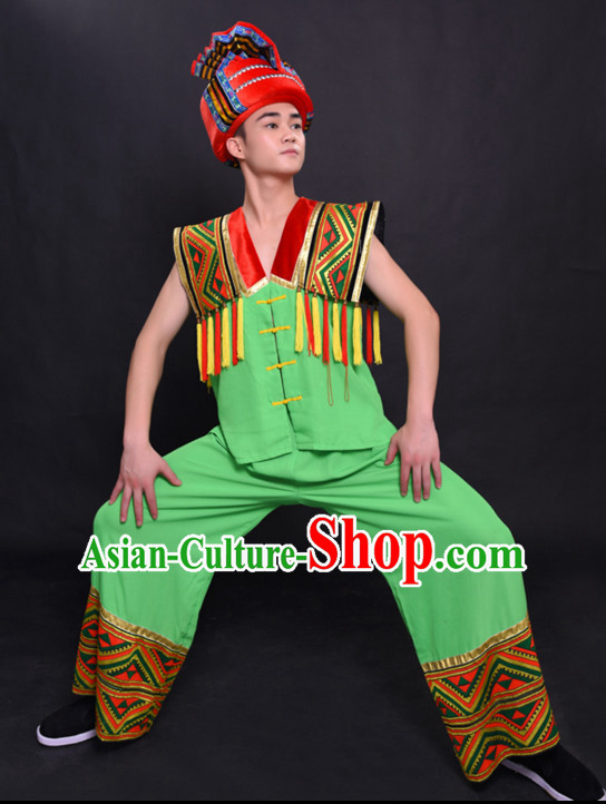 Chinese Hmong Miao Nationality Folk Dance Ethnic Wear China Clothing Costume Ethnic Dresses Cultural Dances Costumes Complete Set for Men Boys
