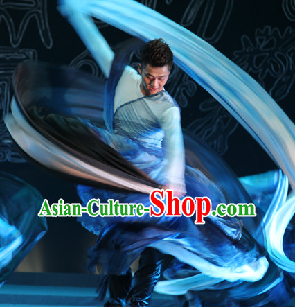 Chinese Classical Dancing Color Transition Water Ink Long Sleeve Dance Costumes Complete Set for Men