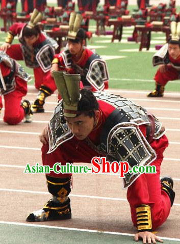 Chinese Classical Qin Bing Ma Yong Warrior Dancing Dance Costumes and Headwear Complete Set for Men