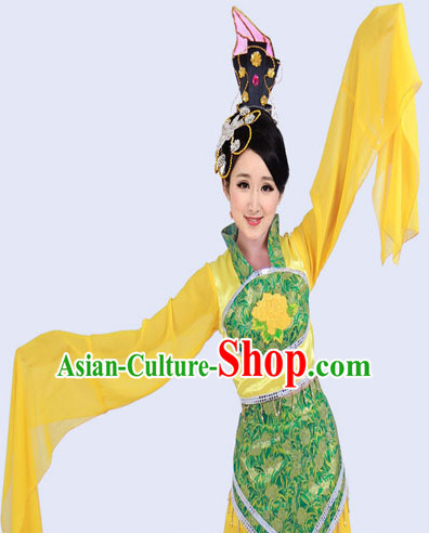 Ancient Yellow Long Sleeve Beauty Dance Costume and Hair Accessories Complete Set