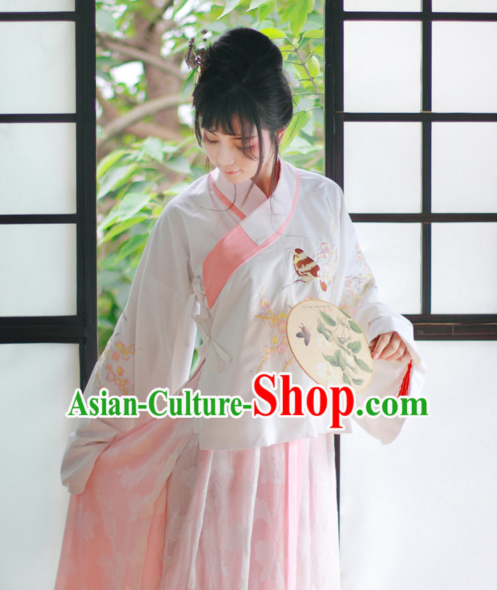 Traditional Chinese Pink Ming Dynasty Blouse and Skirt Complete Set for Women