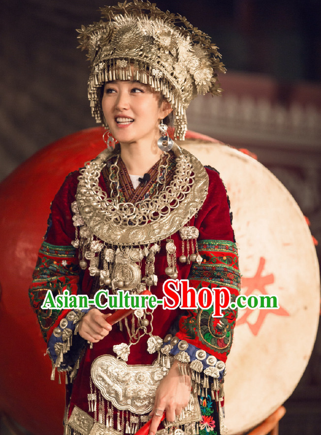 Chinese Miao Ethnic Dance Costume Folk Dancing Costumes Traditional Chinese Dance Costumes Asian Dancewear Complete Set for Women Girls