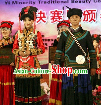 Chinese Yi Group People Folk Dance Ethnic Dresses Traditional Wear Clothing Cultural Dancing Costume Complete Sets for Men and Women