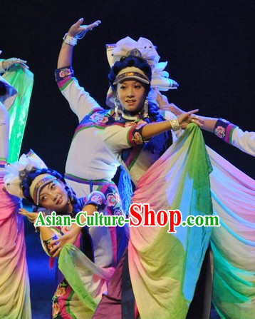 Chinese Yunnan Bai Folk Ethnic Dance Costume Traditional Minority Clothing National Costumes and Headwear Complete Set for Women