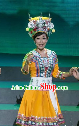 Chinese Folk Ethnic Dance Costume Traditional Minority Clothing National Costumes and Headwear Complete Set for Women