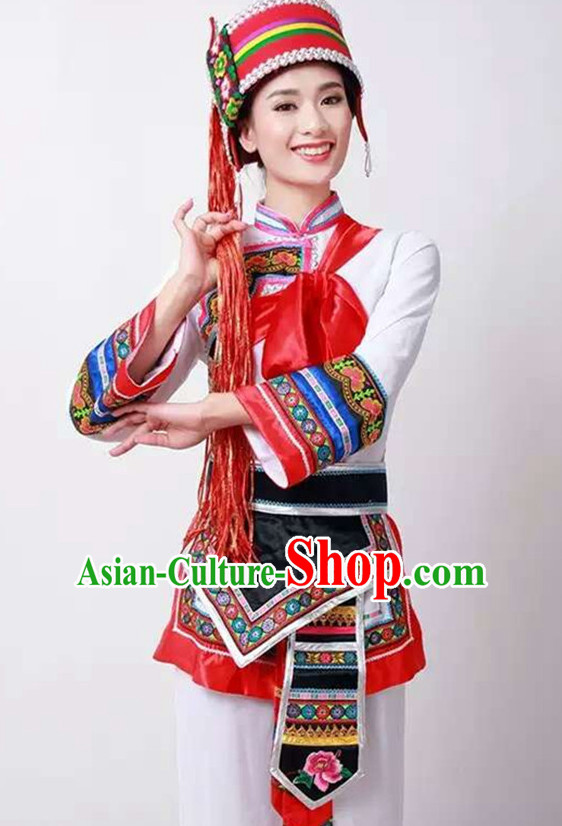 Chinese Bai People Folk Dance Ethnic Dresses Traditional Wear Clothing Cultural Dancing Costume Complete Sets for Women