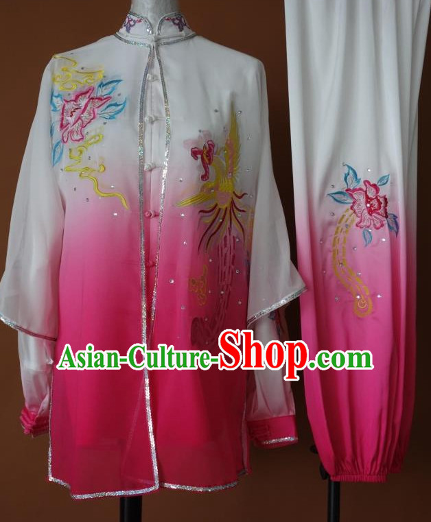 Top Asian Championship Color Changing Gradient Embroidered Phoenix Kung Fu Martial Arts Uniform Suit Three Pieces Set for Women Girls