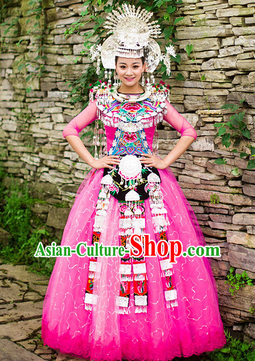 Chinese Hmong Girls Miao Nationality Ethnic Groups Wear Dresses Traditional Clothing for Women