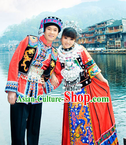 Chinese Hmong Minority Nationality Ethnic Groups Wear Dresses Traditional Clothing for Women and Men