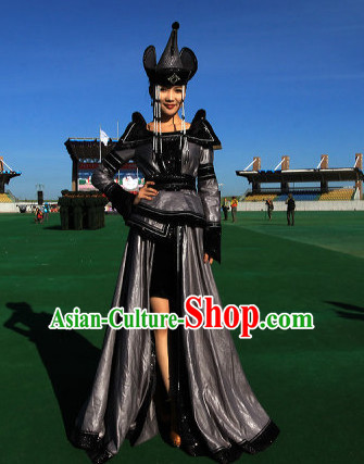 Traditional Mongolian Clothing Ancient Ethnic Clothes and Hat Complete Set for Women
